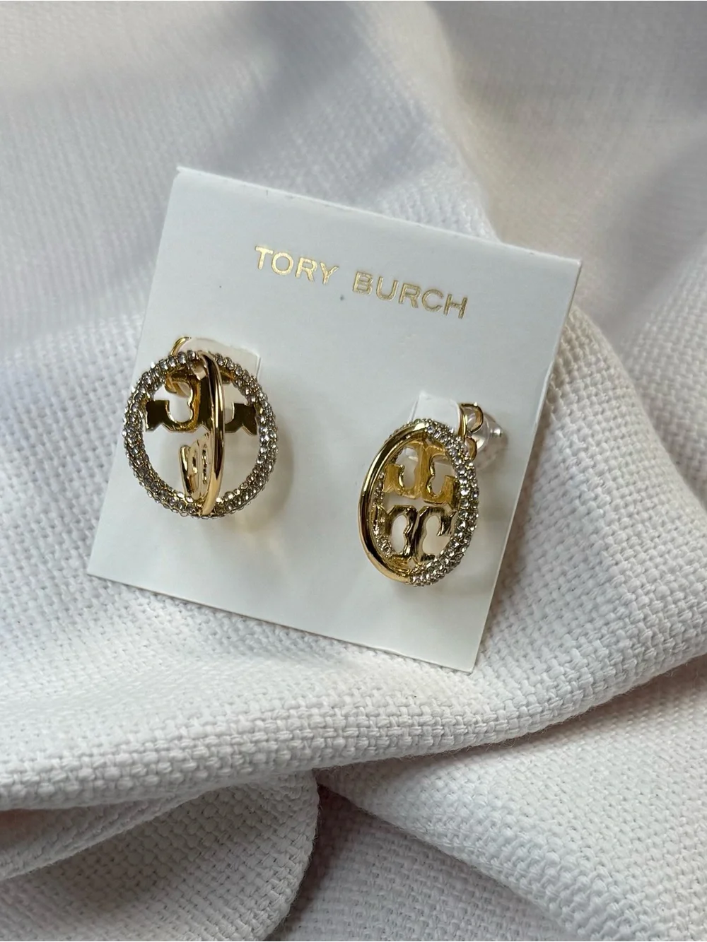 Tory Burch Gold Tone Pavé Logo Globe Stud Earrings